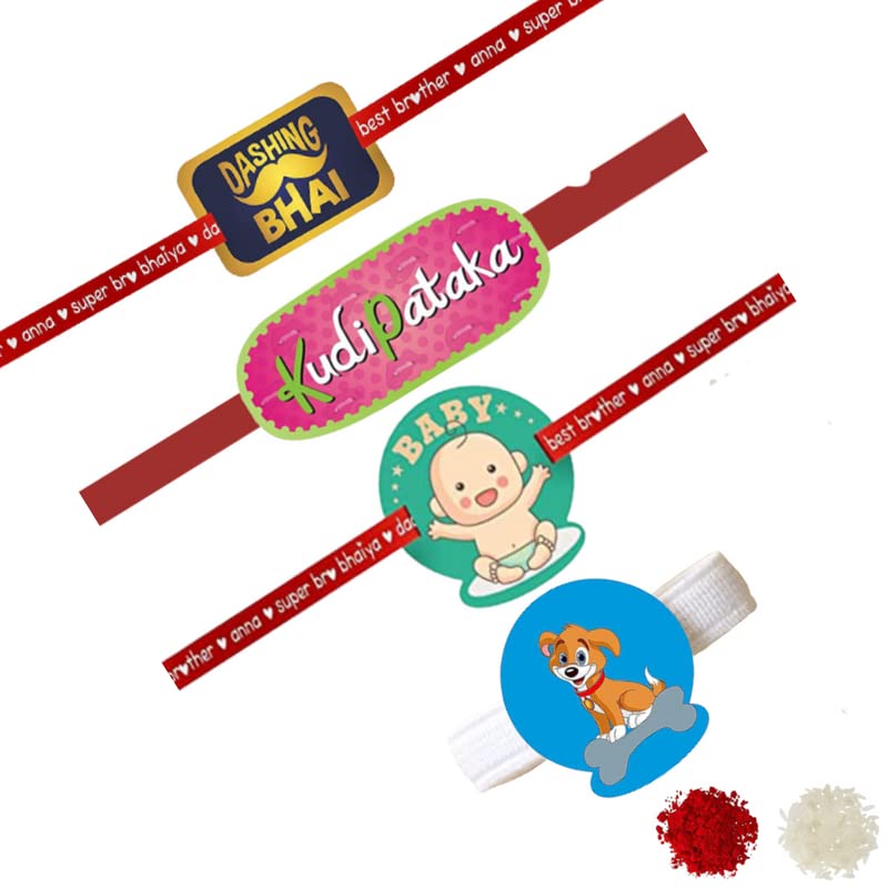 TheYayaCafe Family Rakhi Combo Set of 4 for Bhaiya Bhabhi Kid and Pet, Printed and Beads Raksha Bandhan Rakhi with Roli Tika