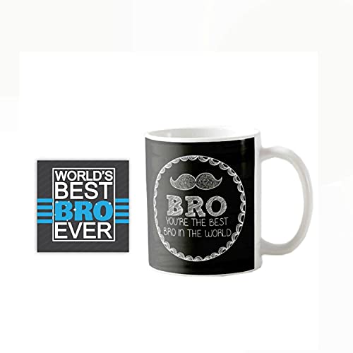 TheYayaCafe Brother Printed Ceramic Coffee Mug Moustache Best Bro in The World Quote 330 ml (11 oz), Birthday Bhai Dooj Raksha Bandhan Gift for Brother, Bros from Sister and Family