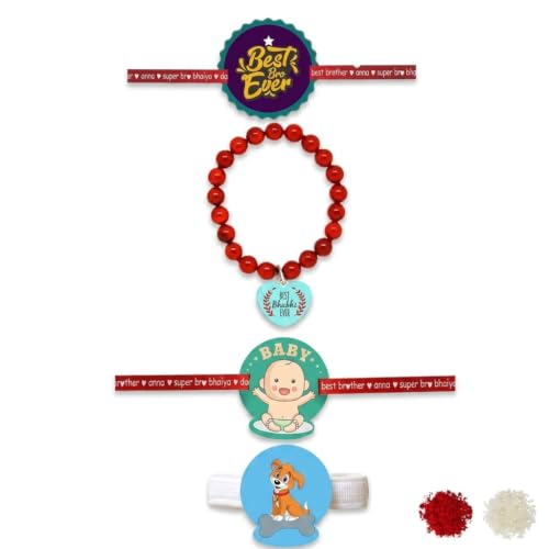 TheYayaCafe Rakhi Combo Set of 4 for Bhaiya, Bhabhi, Kids and Pet, Printed and Beads Rakhi with Roli Tika, Raksha Bandhan Gift for Brother, Sister-in-Law, Children and Pet Lovers