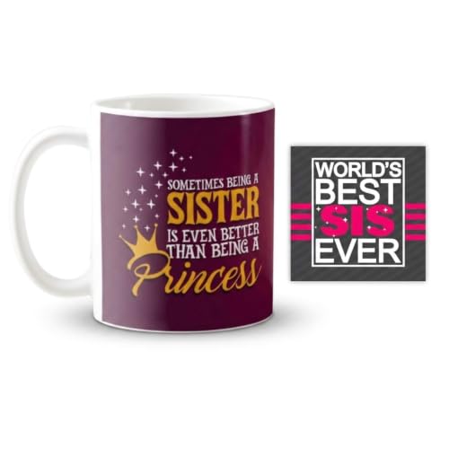 TheYayaCafe Rakhi Gifts for Naughty Lil Sister Ceramic Mug and Coaster Combo (11oz, 330ml), Raksha Bandhan Birthday Bhai Dooj Gift for Sister