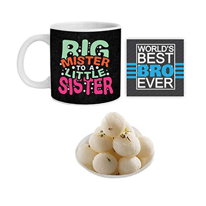 Big Mister To A Little Sister Hamper - Mug, Coaster & Rasgulla 1 Kg