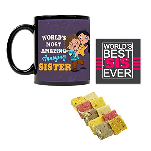 World's Most Annoying Sister Rakhi Combo - Mug, Mewa Bites 400g, Coaster