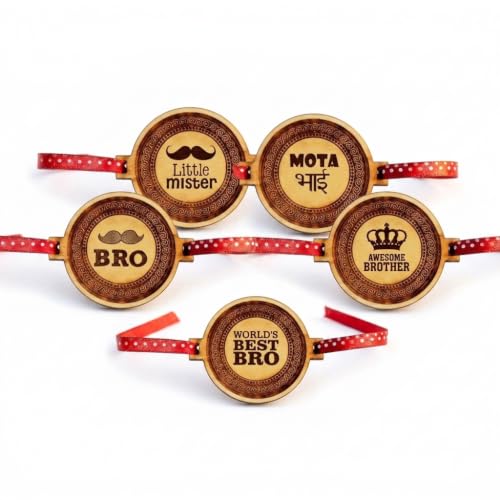 Engraved Rakhi Set of 5 with Beautiful Quotes for Brothers