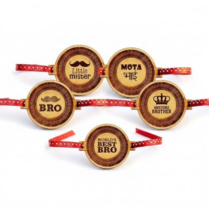 Engraved Rakhi Set of 5 with Beautiful Quotes for Brothers
