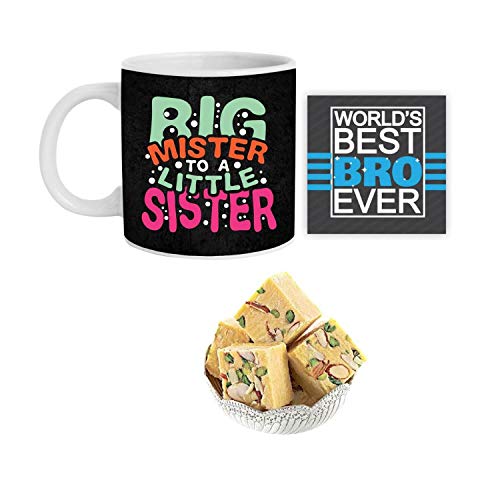 Big Mister To A Little Sister Hamper - Mug, Coaster & Badam Patisa 1 Kg