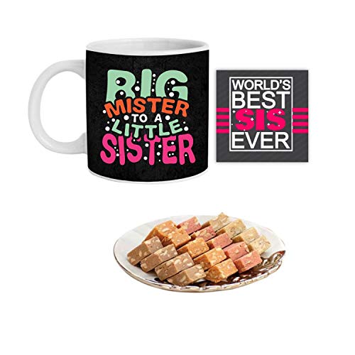 Big Mister To A Little Sister Hamper - Mug, Coaster & Mewa Bites 400g