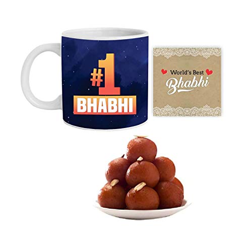 TheYayaCafe Rakhi Sweets Combo for Bhabhi, 1 Hamper Set of 4 - Coffee Mug, Coaster, Gulab Jamun 1 Kg, Printed Rakhi, Raksha Bandhan Gift for Sister-in-Law