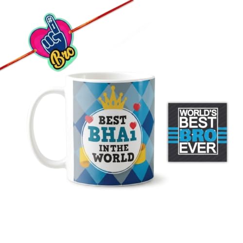 TheYayaCafe Rakshabandhan Gift for Brother, Bhai and Bhaiya, Ceramic Mug Coaster Rakhi Combo Set of 3, Printed Coffee Mug for Rakhi, Raksha Bandhan, Birthday, Bhai Dooj Gifts from Sister