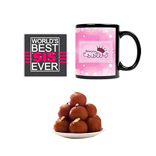 TheYayaCafe Rakhi Sweets Gift Combo for Sister, Princess Sister Mug, Gulabjamun, Coaster Combo of 3
