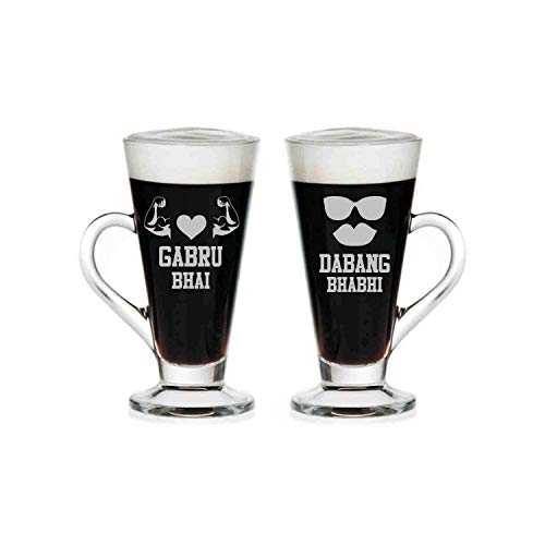 TheYayaCafe Glass Gift Combo Set of Gabru Bhai Dabang Bhabhi Engraved Tea Cups and Coasters, 230 ml, Raksha Bandhan Bhaidooj Birthday Anniversary Gift for Brother and Bhabhi from Sister