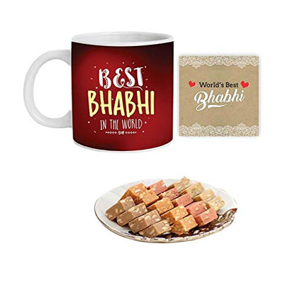 Yaya Cafe Rakhi Sweets Gift Combo for Bhabhi, Best Bhabhi in The World Hamper Set of 4 - Mug, Coaster, MEWA Bites - 400 gm, Printed Rakhi (No.1 Bhabhi - 2 in 1 Rakhi)