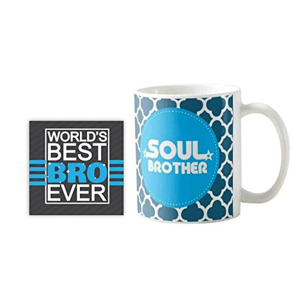 TheYayaCafe Brother Printed Ceramic Coffee Mug Soul Brother Quote 330 ml (11 oz) with Coaster, Bhai, Bro from Sister and Family