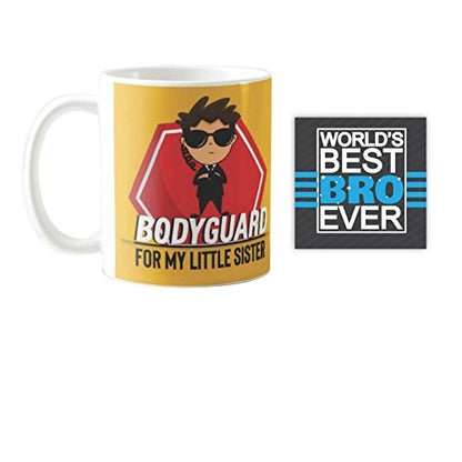 TheYayaCafe Ceramic Coffee Mug and Coaster Combo 'Bodyguard for My Little Sister' 11oz (330ml), Birthday Raksha Bandhan Bhai Dooj Gift for Sister, Behan, Didi from Brother