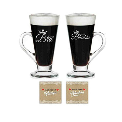King Bro Queen Bhabhi Glass Tea Cups - Anniversary Couple Gift