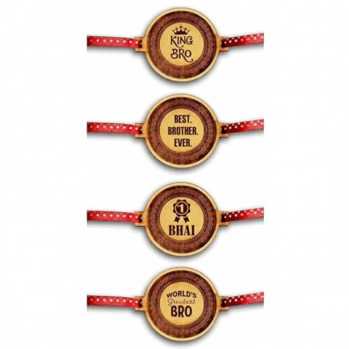 TheYaYaCafe Rakhi for Brother Set of 4 Engraved Wooden Rakhi with MDF Dial 1.5 Inches, Raksha Bandhan Gift for Bhai, Brother, Bro from Sister, Didi, Behen