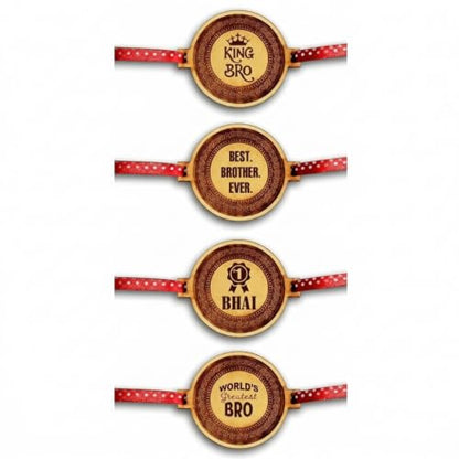 TheYaYaCafe Rakhi for Brother Set of 4 Engraved Wooden Rakhi with MDF Dial 1.5 Inches, Raksha Bandhan Gift for Bhai, Brother, Bro from Sister, Didi, Behen