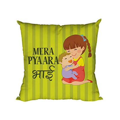 TheYayaCafe Brother Cushion Cover Mere Pyaara Bhai 16x16 Inches (40x40 cm), Birthday Rakhi Gift Set with Rakhi and Puja Pack for Little Brother, Raksha Bandhan Gift for Bhai, Bro, Bhaiya from Sister