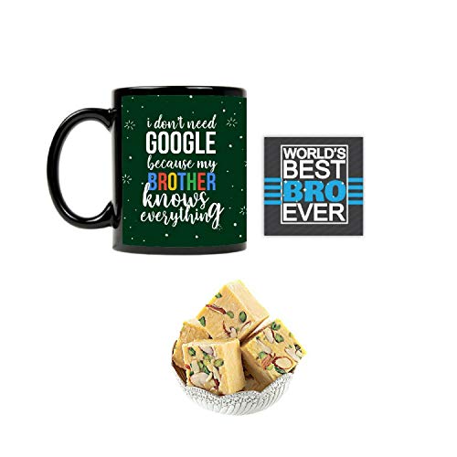 TheYayaCafe Rakhi Sweets Gift Combo for Brother with Ceramic Mug and Coaster, Badam Patisa 1 kg, Raksha Bandhan Bhai Dooj Diwali Birthday Gift for Bhai, Brother from Sister