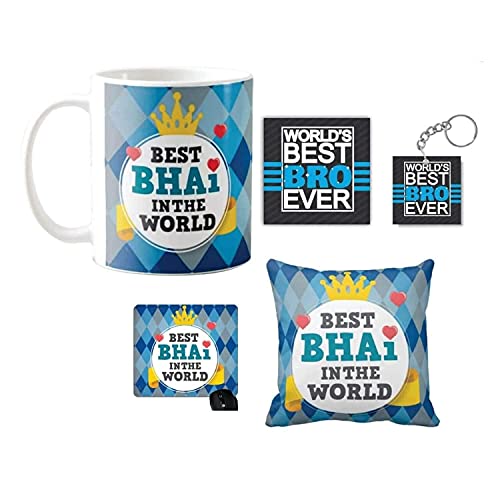 TheYayaCafe Rakshabandhan Gift Combo for Brother Best Bhai in the World (Set of 6: Ceramic Mug, Coaster, Mousepad, Keychain, Cushion Cover, Rakhi), Rakhi Gift for Bhai, Bro, Brother from Sister
