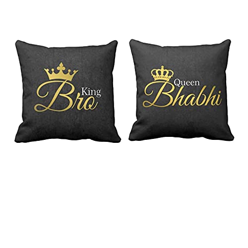 TheYaYaCafe Combo of Canvas Fabric Cushion Covers King Bro Queen Bhabhi with Birthday Bhaidooj Printed, (12X12 Inches, Multicolour)