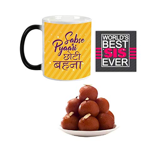 Sabse Pyari Choti Behan Hamper - Magic Mug, Coaster & Gulab Jamun 1 Kg