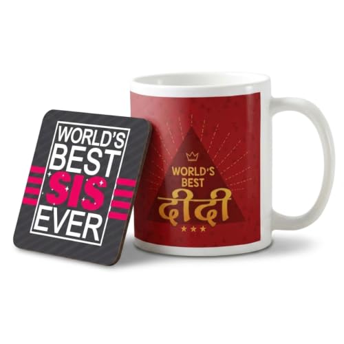TheYayaCafe Rakhi Gifts for Sister Worlds Best Didi Ceramic Mug and Coaster Combo 330ml, Birthday Raksha Bandhan Bhai Dooj Gift for Sister, Bhabhi, Didi from Brother