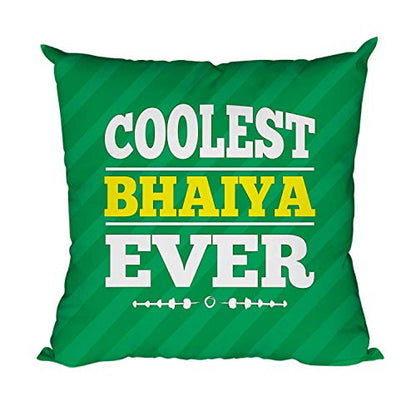 TheYayaCafe Brother Printed Cushion Cover Coolest Bhaiya Ever 16x16 Inches (40x40 cm), Rakhi Birthday Bhaidooj for Bhai, Brother, Bhaia from Sister, Rakhi with Puja Pack