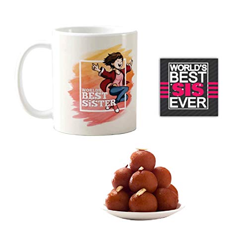 Rakhi Sweets Gift Combo for Sister - Mug, Coaster & Gulab Jamun