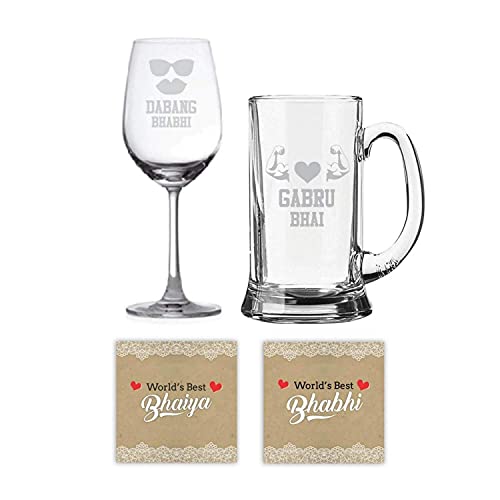 TheYaYaCafe Yaya Cafe Anniversary Gifts for Brother and Bhabhi, Gabru Bhai Dabang Bhabhi Beer Mug and Wine Glasses (Clear, 350ml) - Set of 4