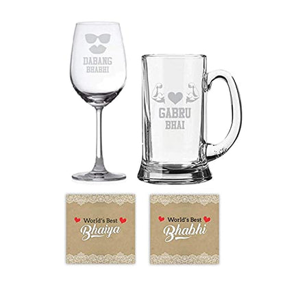 TheYaYaCafe Yaya Cafe Anniversary Gifts for Brother and Bhabhi, Gabru Bhai Dabang Bhabhi Beer Mug and Wine Glasses (Clear, 350ml) - Set of 4