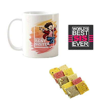 TheYayaCafe Rakhi Sweets Gift Combo for Sister with Ceramic Mug and Coaster, MEWA Bites 400 gm, Raksha Bandhan Bhai Dooj Birthday Diwali Gift for Sister from Brother, Premium Sweet Box