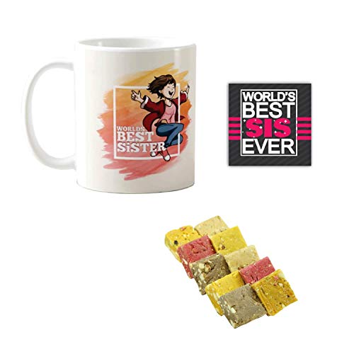 TheYayaCafe Rakhi Sweets Gift Combo for Sister with Ceramic Mug and Coaster, MEWA Bites 400 gm, Raksha Bandhan Bhai Dooj Birthday Diwali Gift for Sister from Brother, Premium Sweet Box