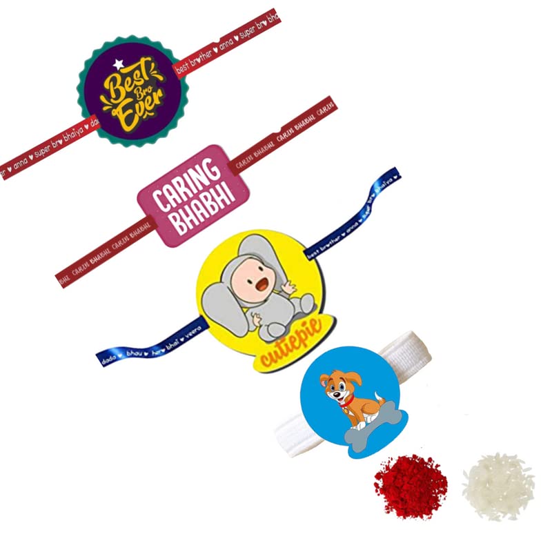 TheYayaCafe Bhaiya Bhabhi Kid and Pet Rakhi Combo Set of 4 Printed Beads Raksha Bandhan Gift for Brother, Bhabhi, Kids and Pets from Sister, Family