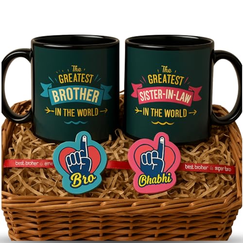 TheYayaCafe Rakhi Gifts for Bhaiya Bhabhi Combo Set of 4 with 2 Printed Ceramic Coffee Mugs (330 ml Each) and 2 Designer Rakhis, Raksha Bandhan Hamper for Brother and Sister in Law from Sister