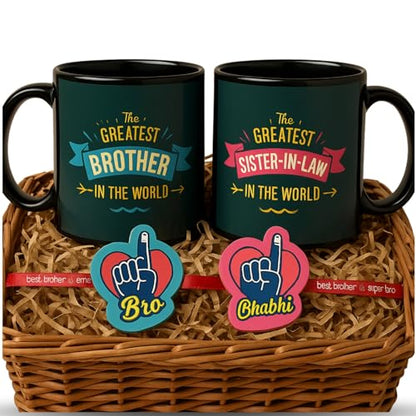 TheYayaCafe Rakhi Gifts for Bhaiya Bhabhi Combo Set of 4 with 2 Printed Ceramic Coffee Mugs (330 ml Each) and 2 Designer Rakhis, Raksha Bandhan Hamper for Brother and Sister in Law from Sister