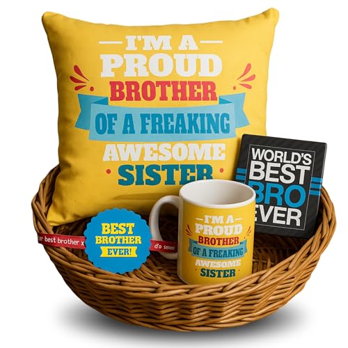 Rakhi Gift Combo for Brother - Proud Brother Mug, Coaster, Cushion & Rakhi