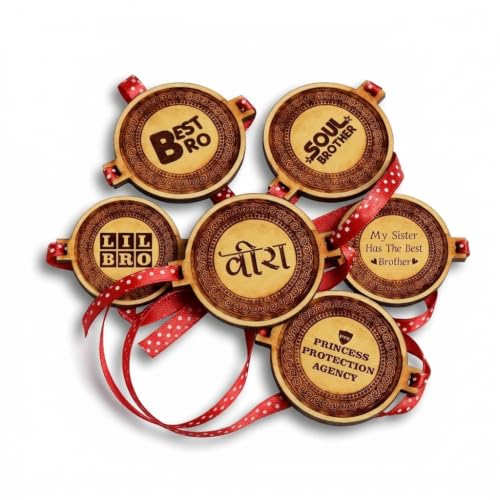 TheYaYaCafe Wooden Rakhi for Brother Set of 6 Engraved MDF Rakhi with Quote, Raksha Bandhan Gift for Bhai, Brother, Bhaiya from Sister