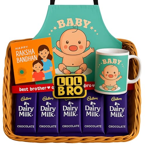 TheYayaCafe Lil Bro Kids Rakhi Gift Hamper with Apron, Ceramic Mug, 5 Chocolates and Roli Chawal, Raksha Bandhan Gift for Baby Brother, Toddler and Kid Brother