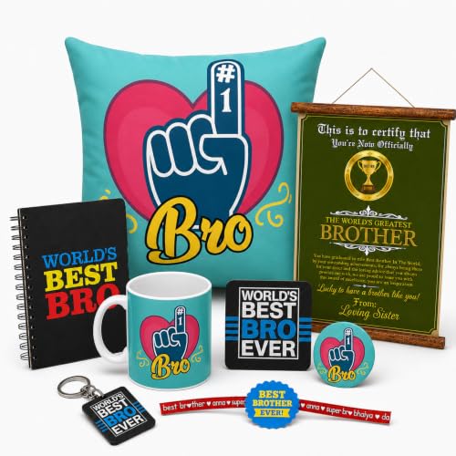 TheYayaCafe Best Bhai in The World Rakhi Gift Hamper Set of 8 - Ceramic Mug, Cushion Cover, Fridge Magnet, Coaster, Keychain, Notebook, Scroll, Rakhi, Raksha Bandhan Gift for Brother from Sister