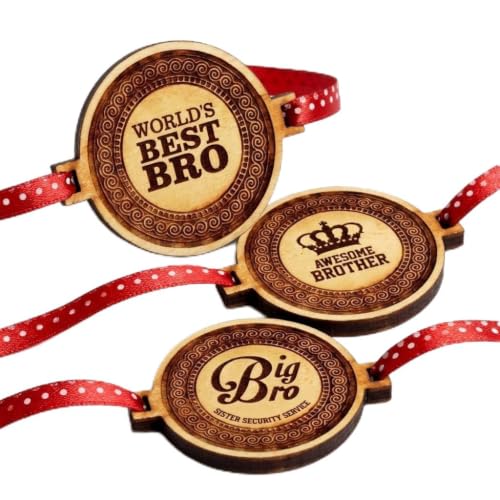 TheYayaCafe Wooden Rakhi for Brother Combo Set of 3 Laser Engraved MDF Rakhi with Quotes, Raksha Bandhan Gift for Bhai, Bhaiya, Bro from Sister, 1.5 Inch Dial