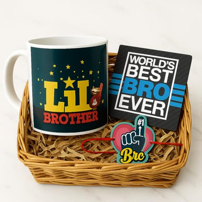 TheYaYaCafe Rakshabandhan Gift Combo for Brother, Set of 3 Little Brother Rakhi Gift with Mug Coaster and Rakhi