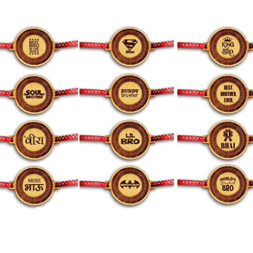 TheYaYaCafe Family Rakhi for Brother Set of 12 Engraved Wooden Rakhi with Laser Engraved Quote, Brown MDF Wood Dial, Raksha Bandhan Gift for Brothers, Bhai, Bhaiya from Sister, Kids and Adults