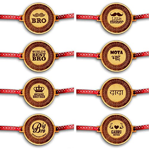 TheYaYaCafe Rakhi for Brother Set of 8 Engraved Wooden Rakhi, Laser Engraved Raksha Bandhan Gift for Bhai, Bro, Brothers from Sister