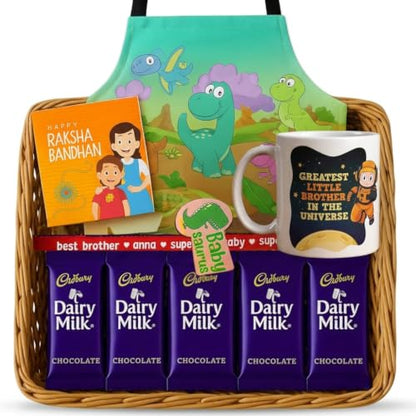 TheYayaCafe Baby Saurus Kids Rakhi Gift Hamper with Apron, Mug, Rakhi and 5 Chocolates, Raksha Bandhan Gift for Kid Brother, Toddler, Baby Boy from Sister