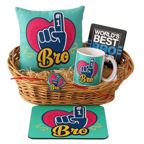 TheYayaCafe Raksha Bandhan Gift Combo for Brother Set of 4 (Mug, Coaster, Cushion Cover & Rakhi), Rakhi Gifts for Big and Younger Brother from Sister, Bhai Dooj Rakshabandhan Return Gift