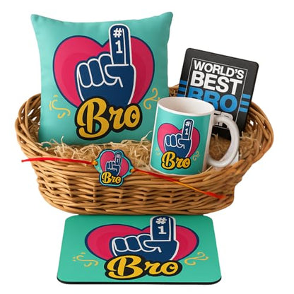 TheYayaCafe Raksha Bandhan Gift Combo for Brother Set of 4 (Mug, Coaster, Cushion Cover & Rakhi), Rakhi Gifts for Big and Younger Brother from Sister, Bhai Dooj Rakshabandhan Return Gift