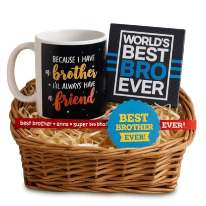 TheYayaCafe Rakhi Gift Combo for Brother Because I Have a Brother I Will Always Have a Friend, Set of 3 Ceramic Mug, Coaster and Rakhi for Raksha Bandhan, Bhai Dooj.