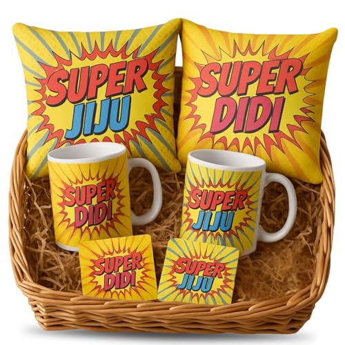 TheYaYaCafe® Rakhi Gift for Didi Jiju | Super Didi Jiju Combo | Set of 6 with 2 Coffee Mugs, 2 Cushion Covers & 2 Coasters | Rakhi Gift Hamper for Sister and Brother-in-Law