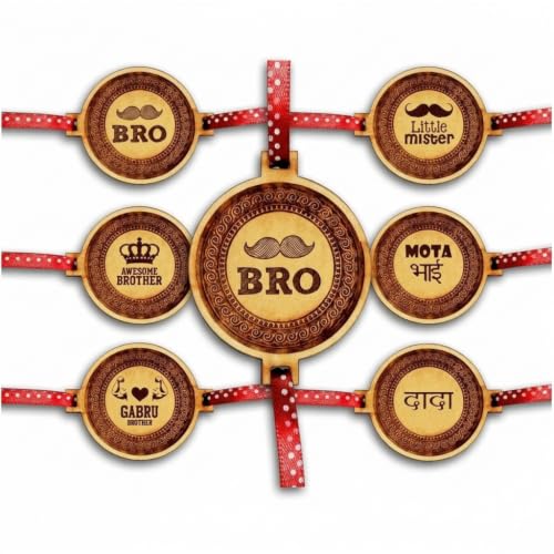 TheYaYaCafe Engraved Wooden Rakhi Set of 6 for Brother Mister Awesome Gabru Mota Bhai, Raksha Bandhan Gift for Bhai, Bro, Brothers from Sister, Rakhi for Kids and Adults