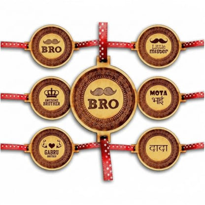 TheYaYaCafe Engraved Wooden Rakhi Set of 6 for Brother Mister Awesome Gabru Mota Bhai, Raksha Bandhan Gift for Bhai, Bro, Brothers from Sister, Rakhi for Kids and Adults